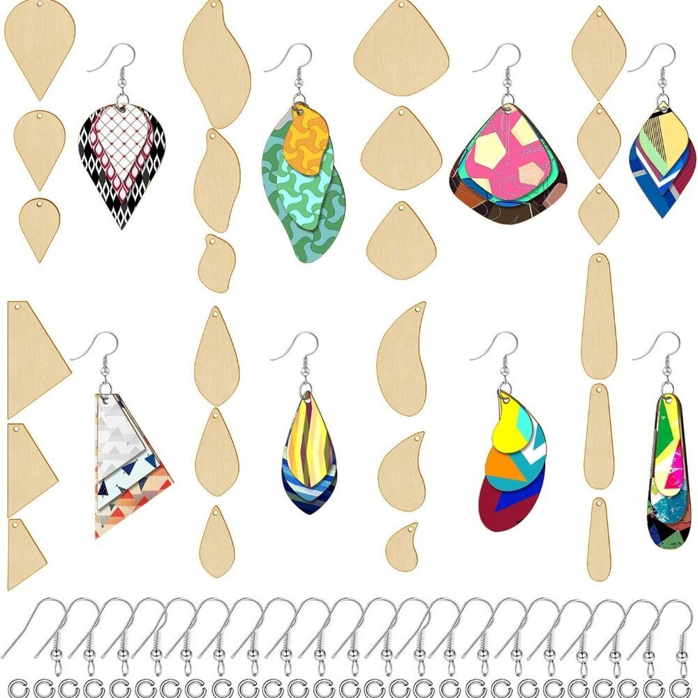 Unfinished Wooden Earrings Dangle Pendants - 48 Natural Wood Charms with Earring